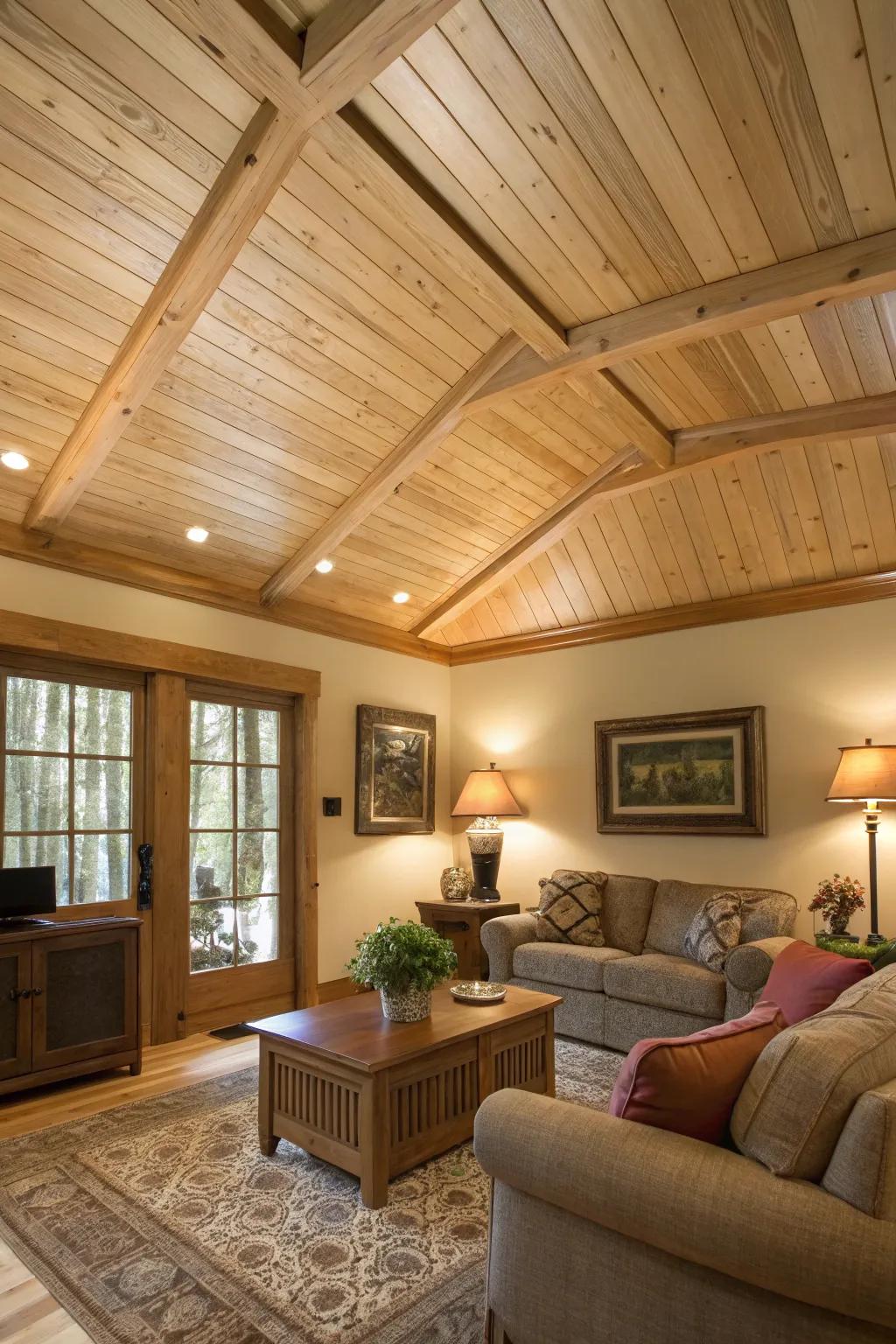 Pale oak panels add a natural, welcoming touch to this bright living room.