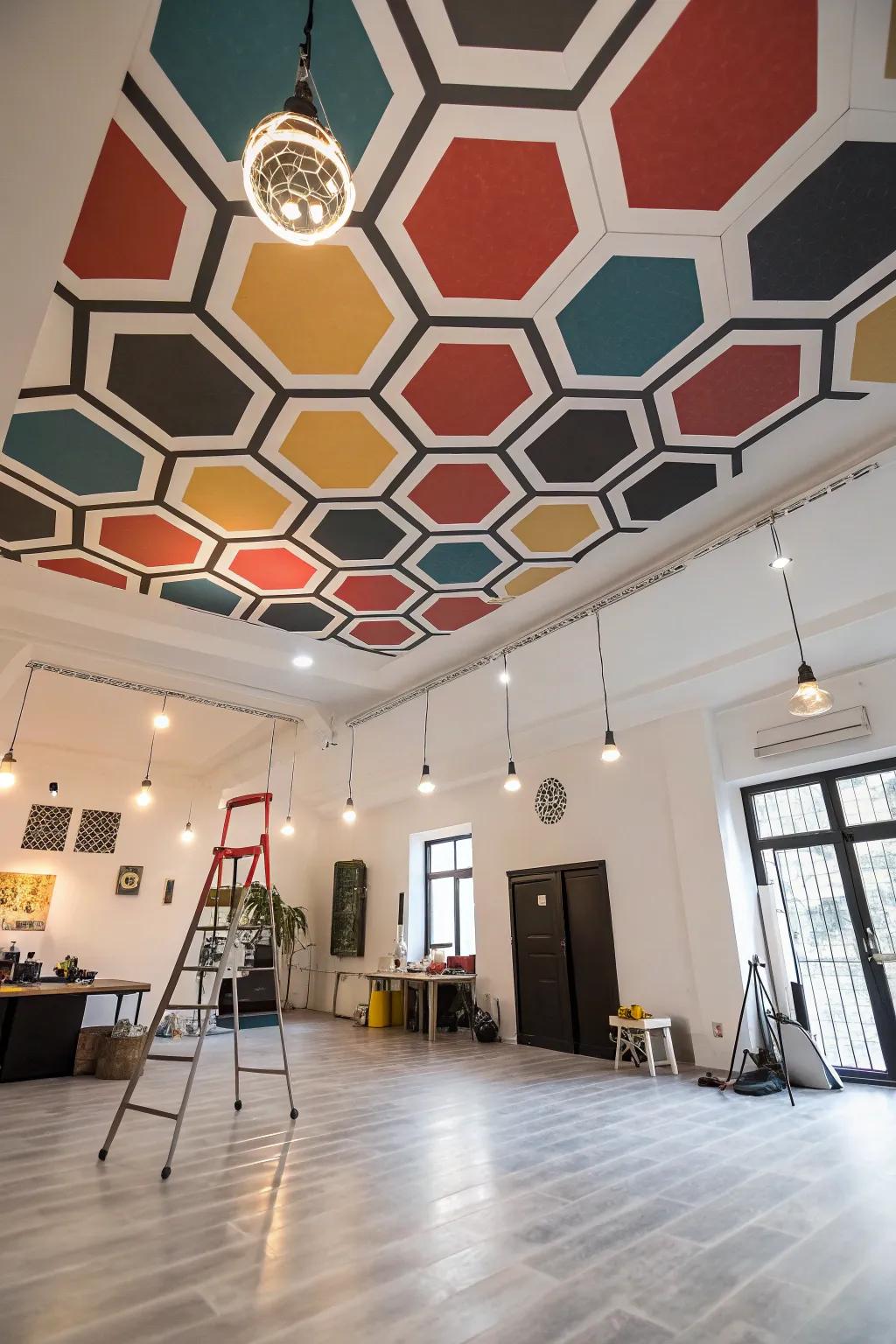 Geometric patterns add a dramatic flair to this studio ceiling.