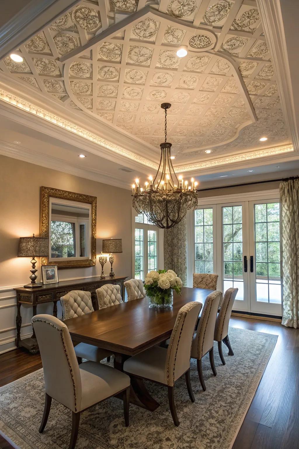 A transitional ceiling harmonizes classic and modern styles beautifully.