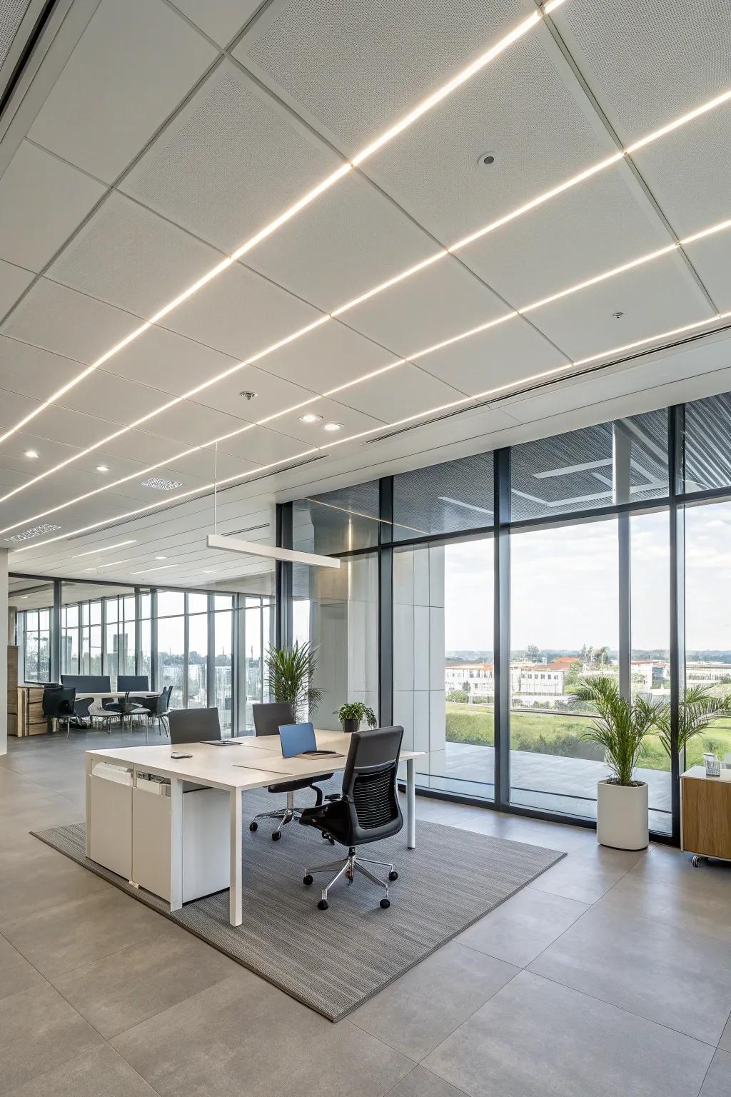 A minimalist ceiling design enhances the modern feel of this office.