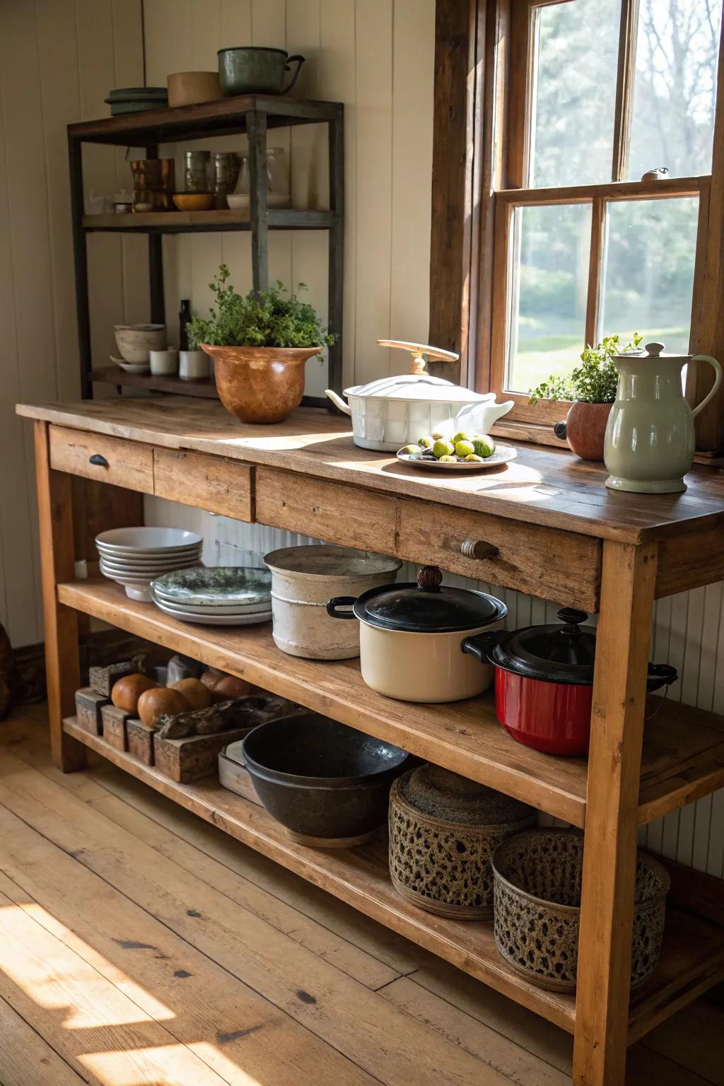 A rustic kitchen island featuring open shelving, ideal for presenting treasured kitchen items.