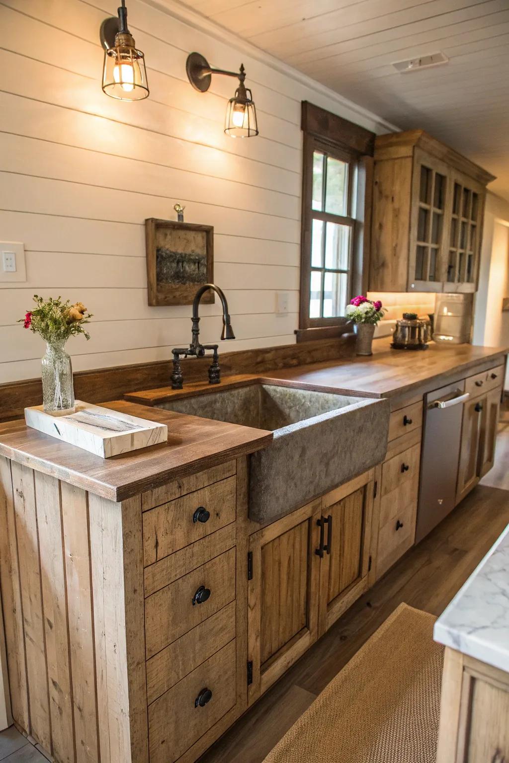 A farmhouse kitchen island featuring shiplap paneling for added texture.