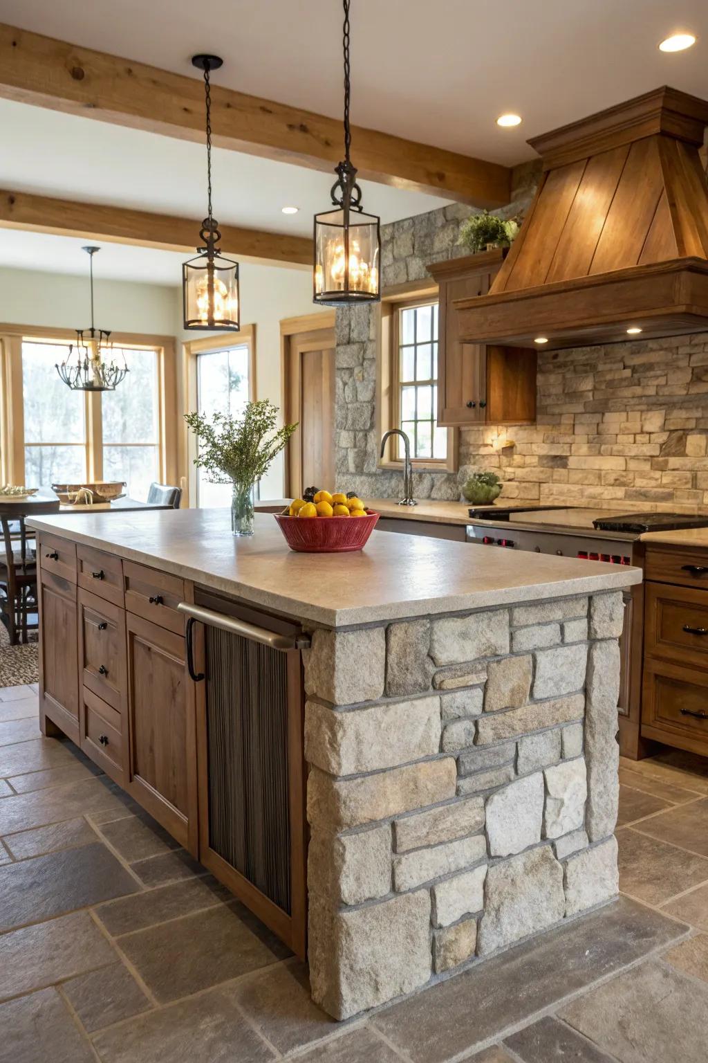 A farmhouse kitchen island complemented by a stone tile backsplash.