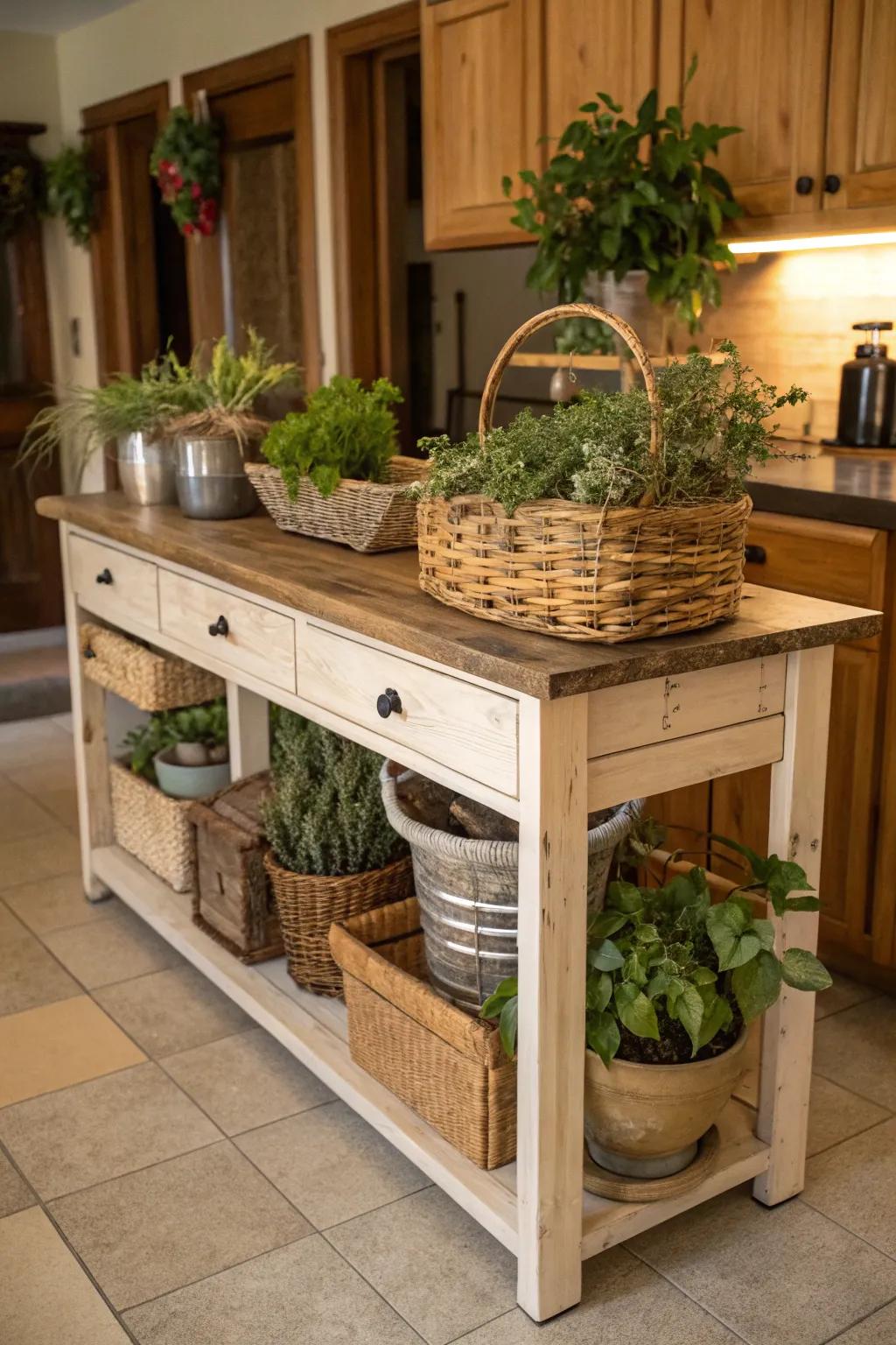 A farmhouse kitchen island embellished with decorative plants and baskets.
