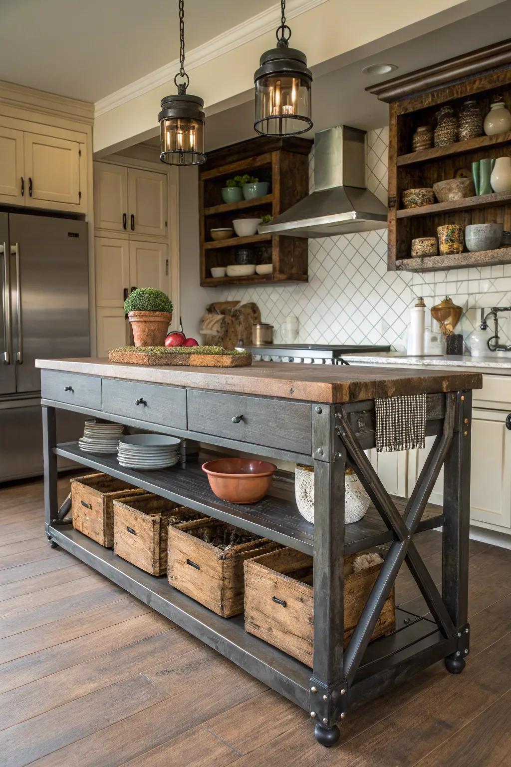 A farmhouse kitchen island merging industrial elements with rustic design.