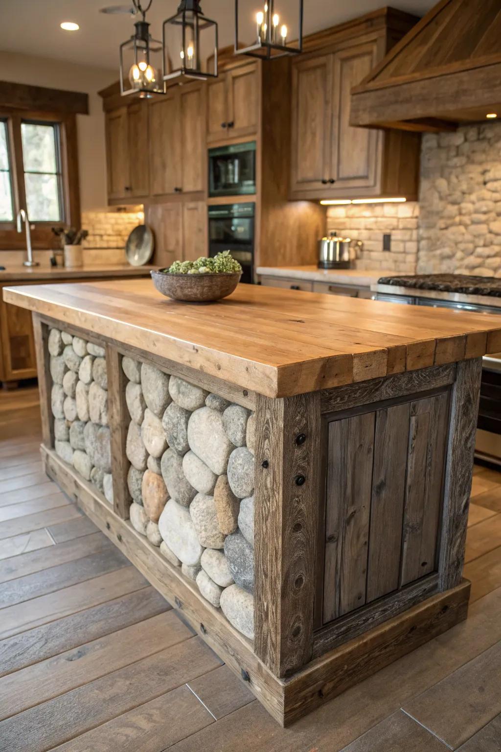 A farmhouse kitchen island showcasing textured wood and stone surfaces.