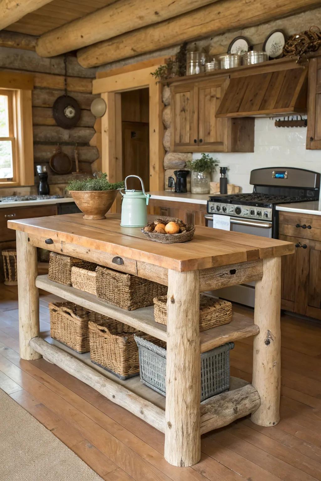 A farmhouse kitchen island that emulates a log cabin vibe with solid log construction.