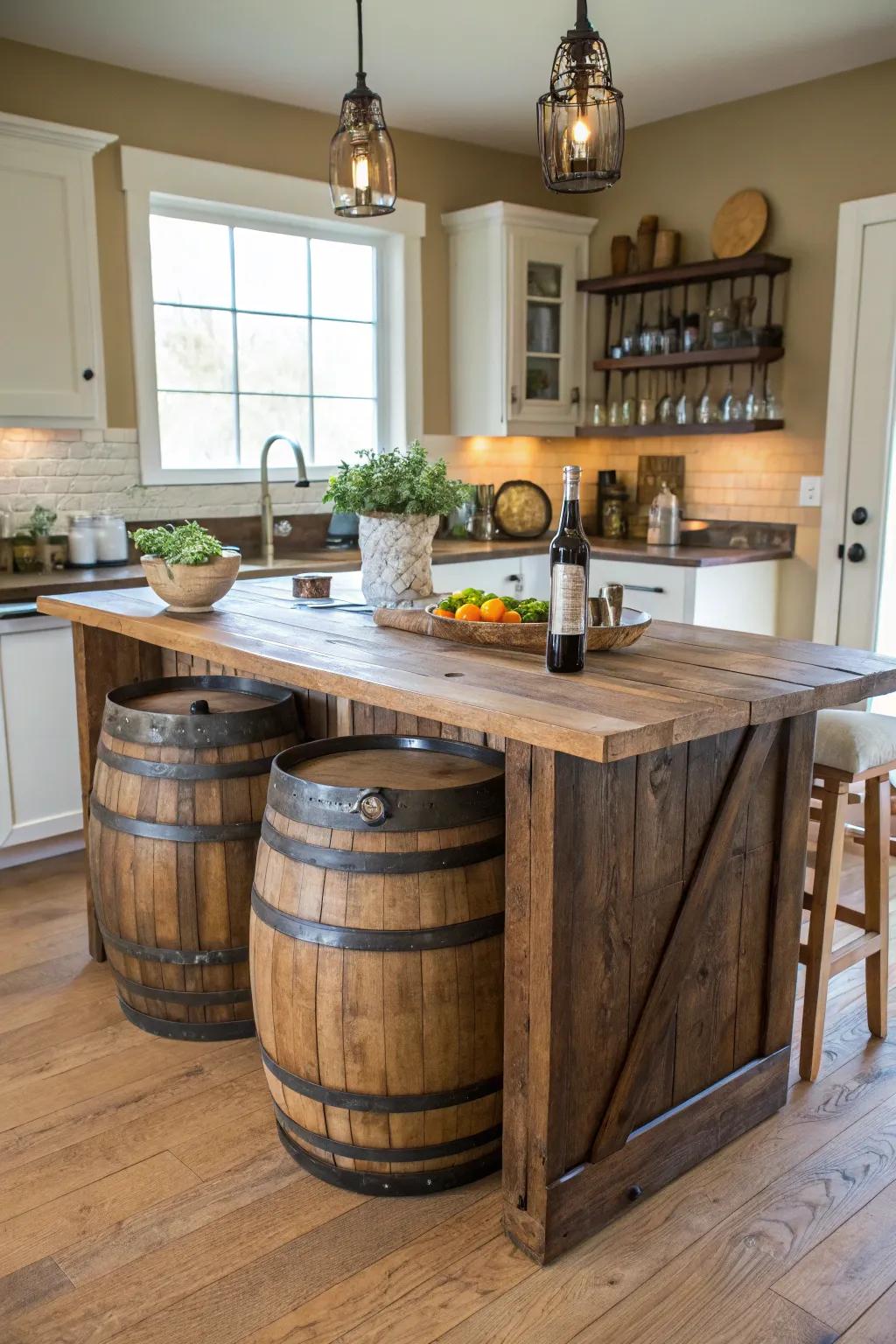 A whimsical farmhouse kitchen island constructed using repurposed wine barrels.
