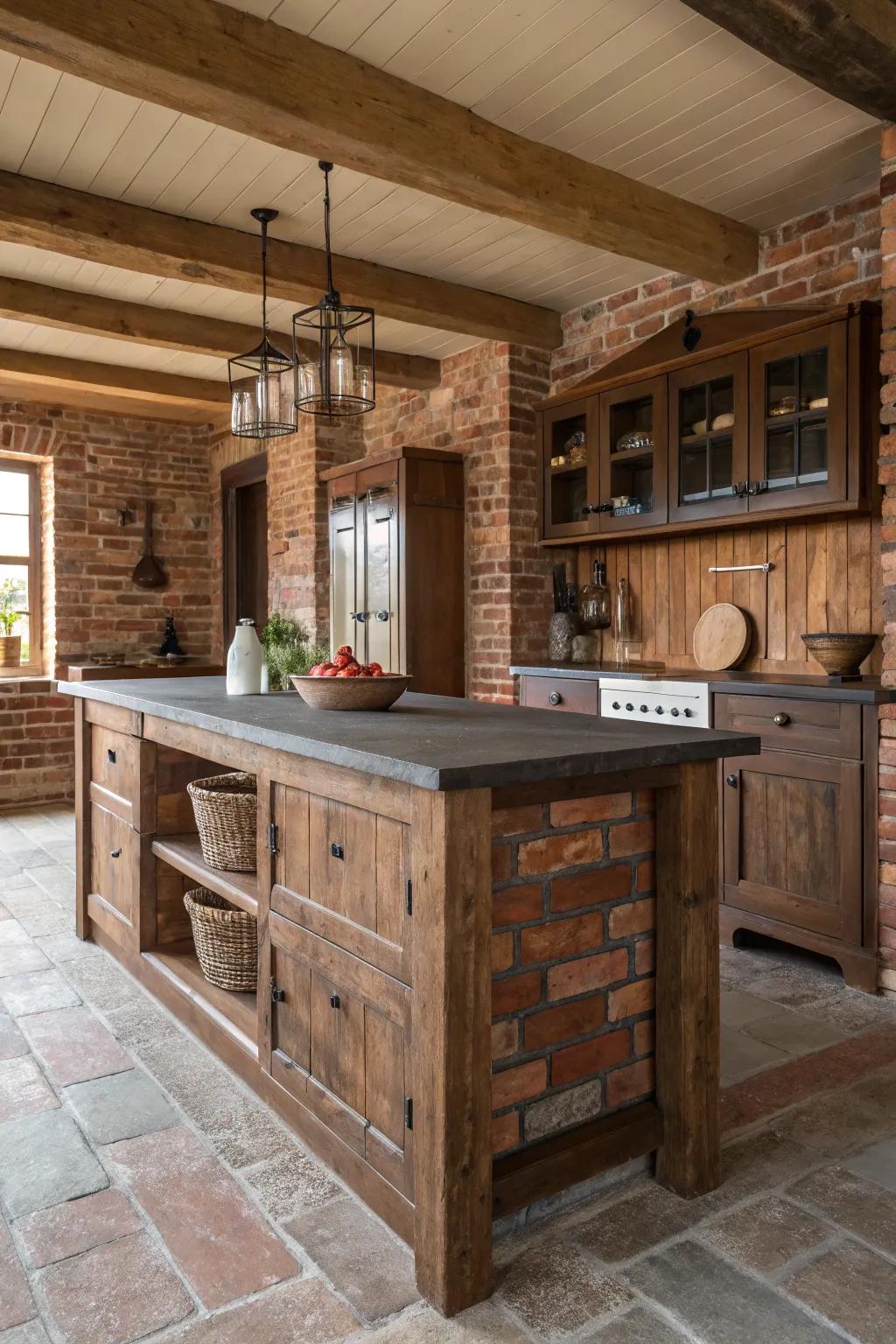 A farmhouse kitchen island enriched with rustic brick accents for added charm.