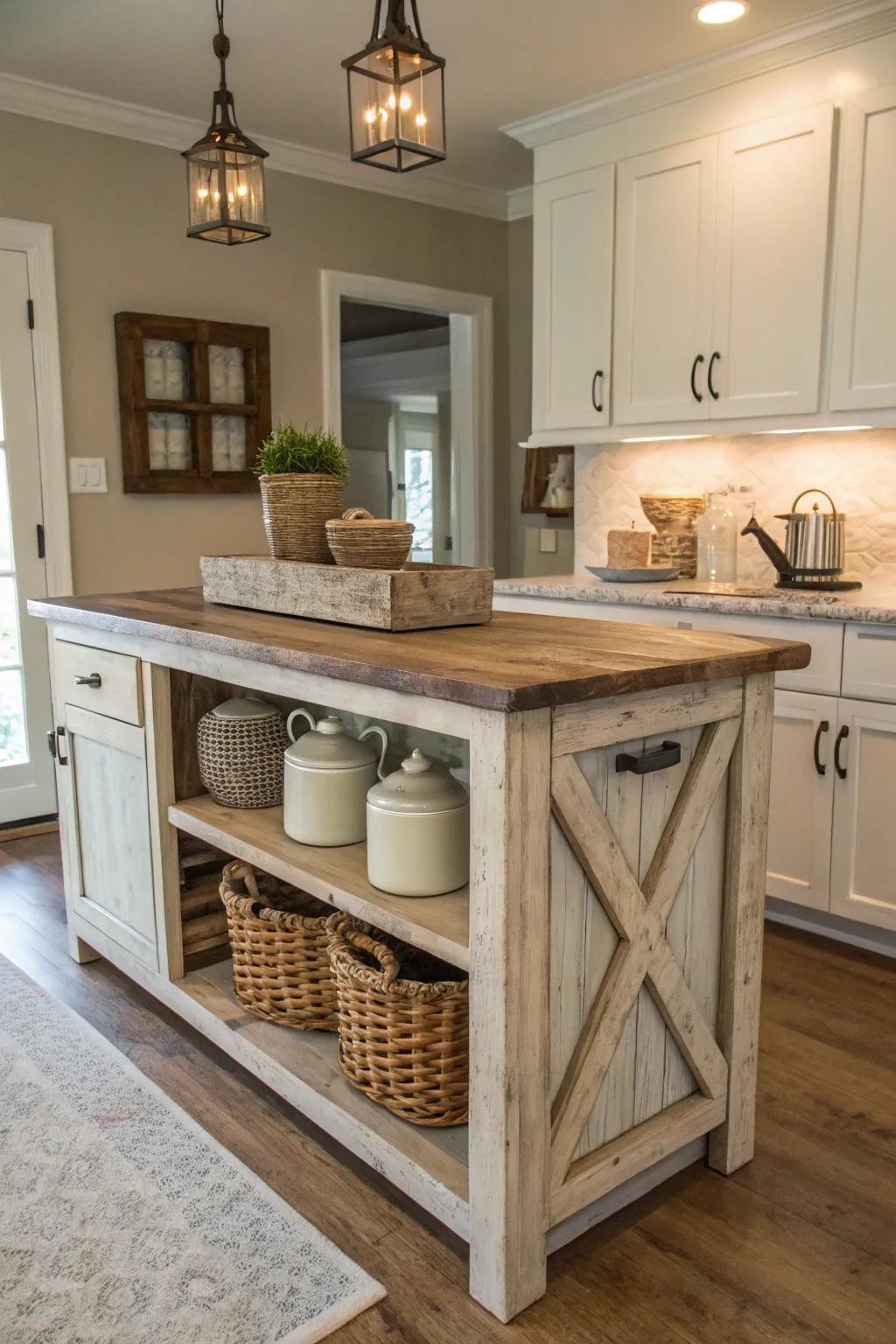 A farmhouse kitchen island presented in a soothing neutral color palette.