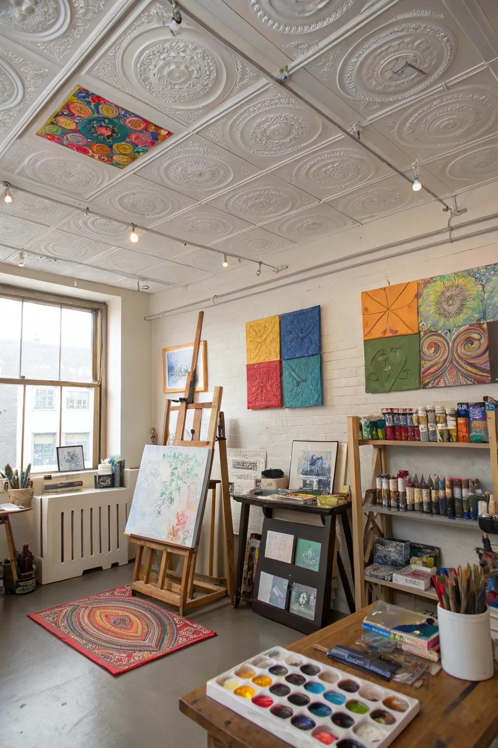 An artist's studio featuring paintable ceiling tiles for customization.