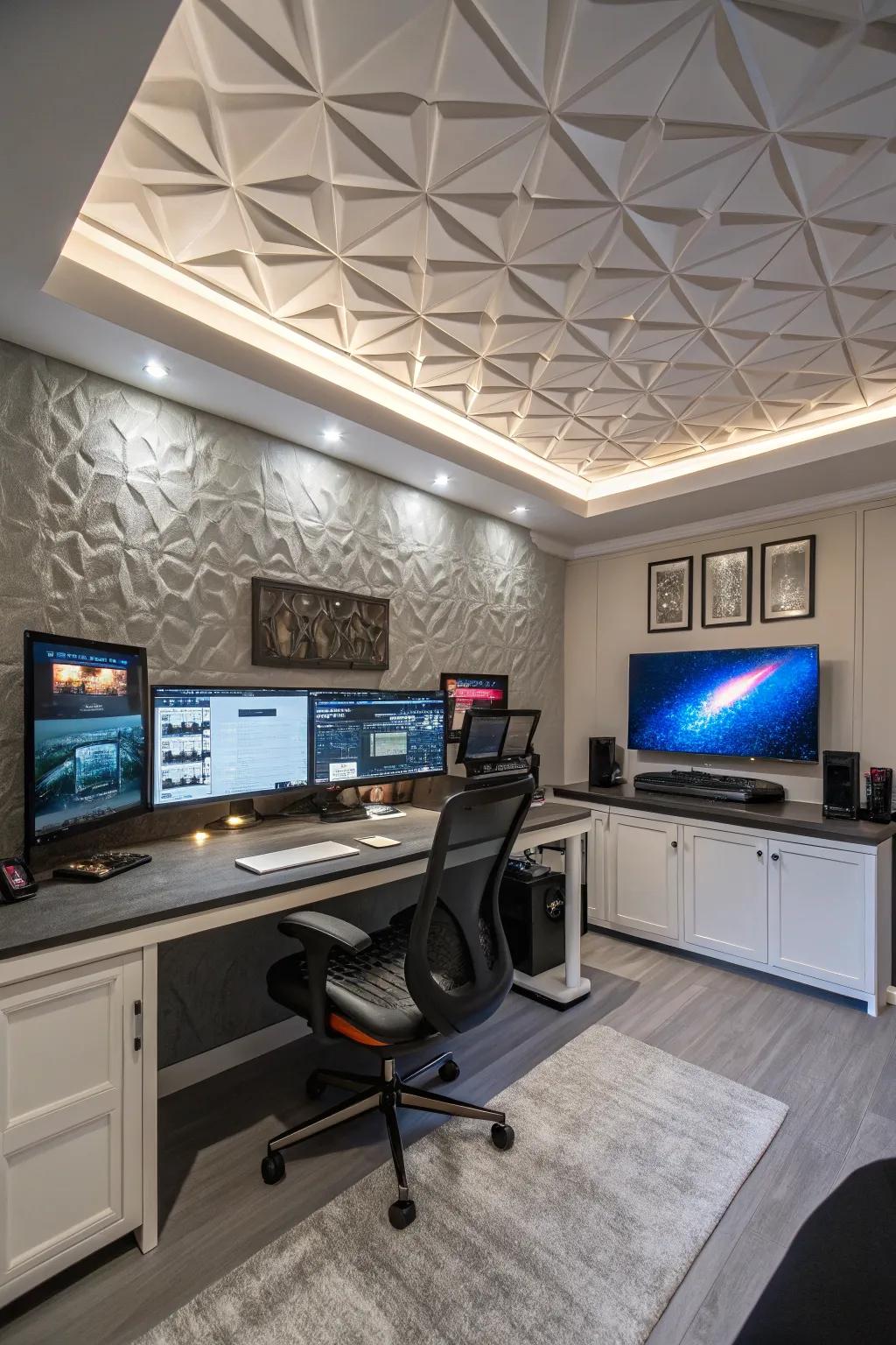 A futuristic home office with 3D ceiling tiles for depth.