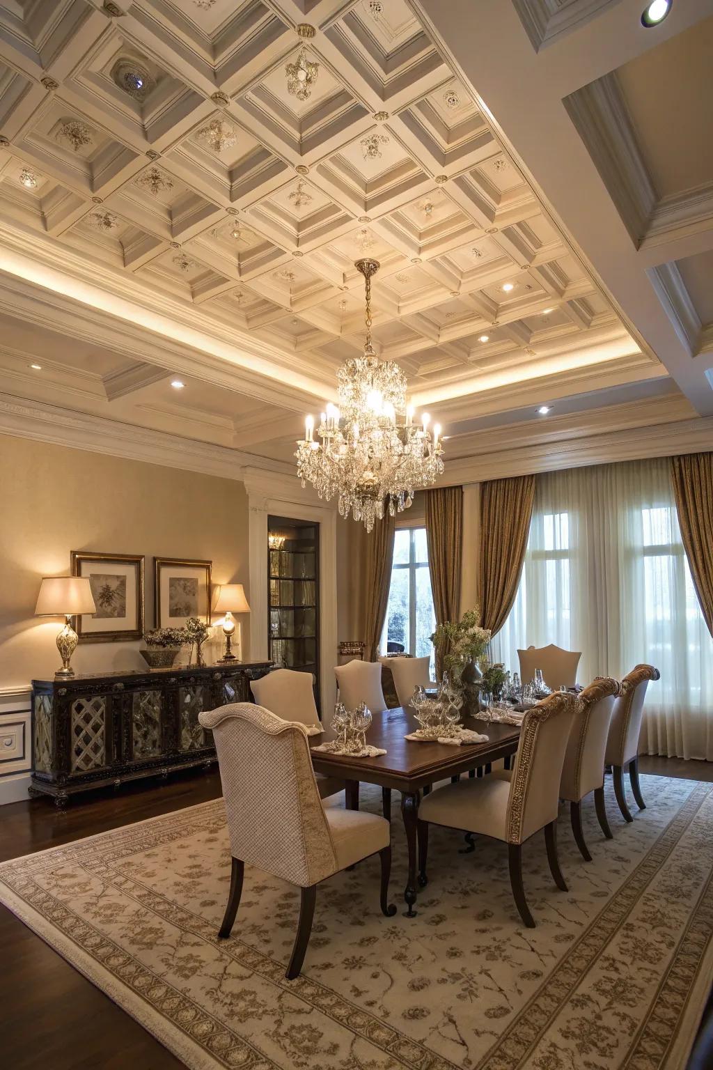 An elegant dining area featuring a dramatic recessed panel ceiling.
