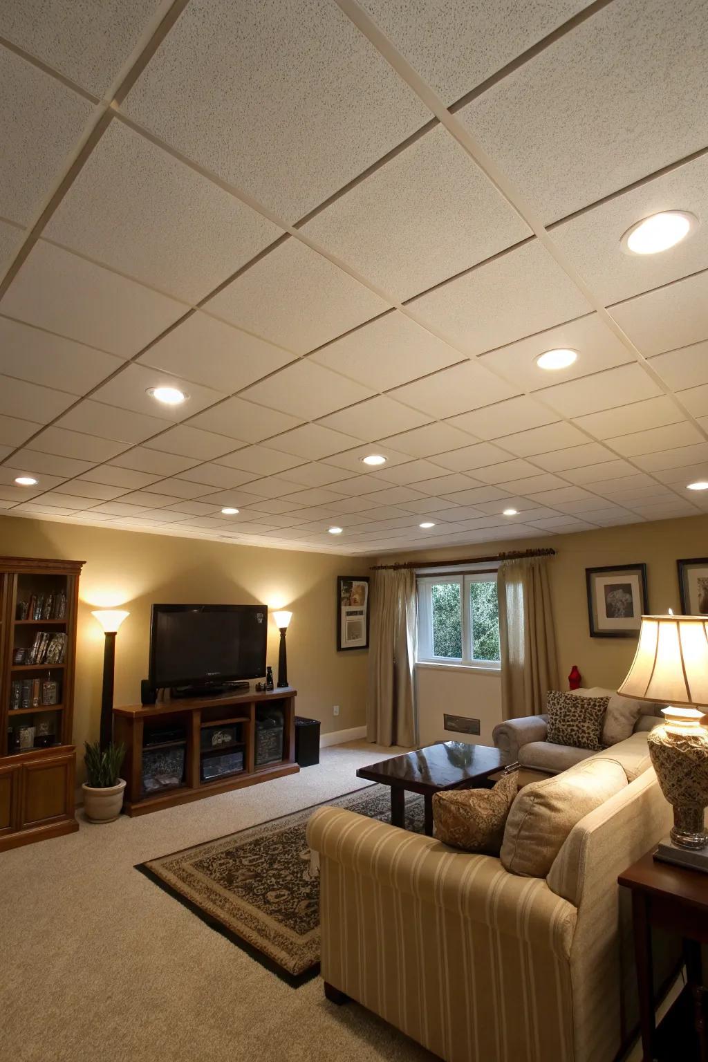 A luminous living space featuring ceiling tiles and built-in lighting.