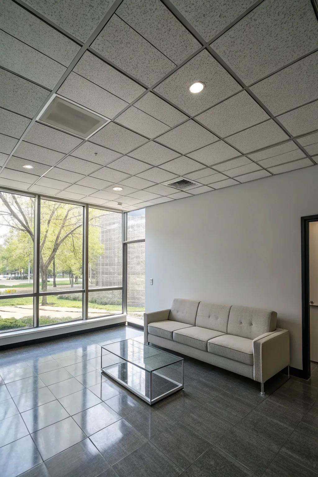 A minimalist room with sleek ceiling tiles for simplicity.