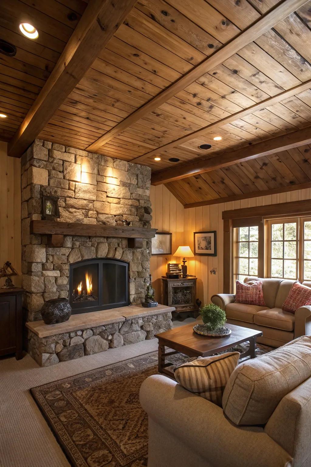 A cozy living space enhanced by rustic wood panels, adding to its warmth.