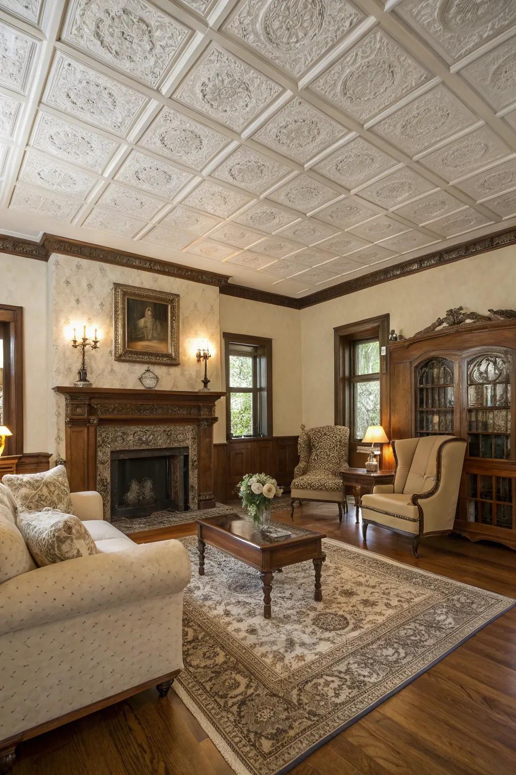 A traditional living space featuring classic ceiling tile finishes.