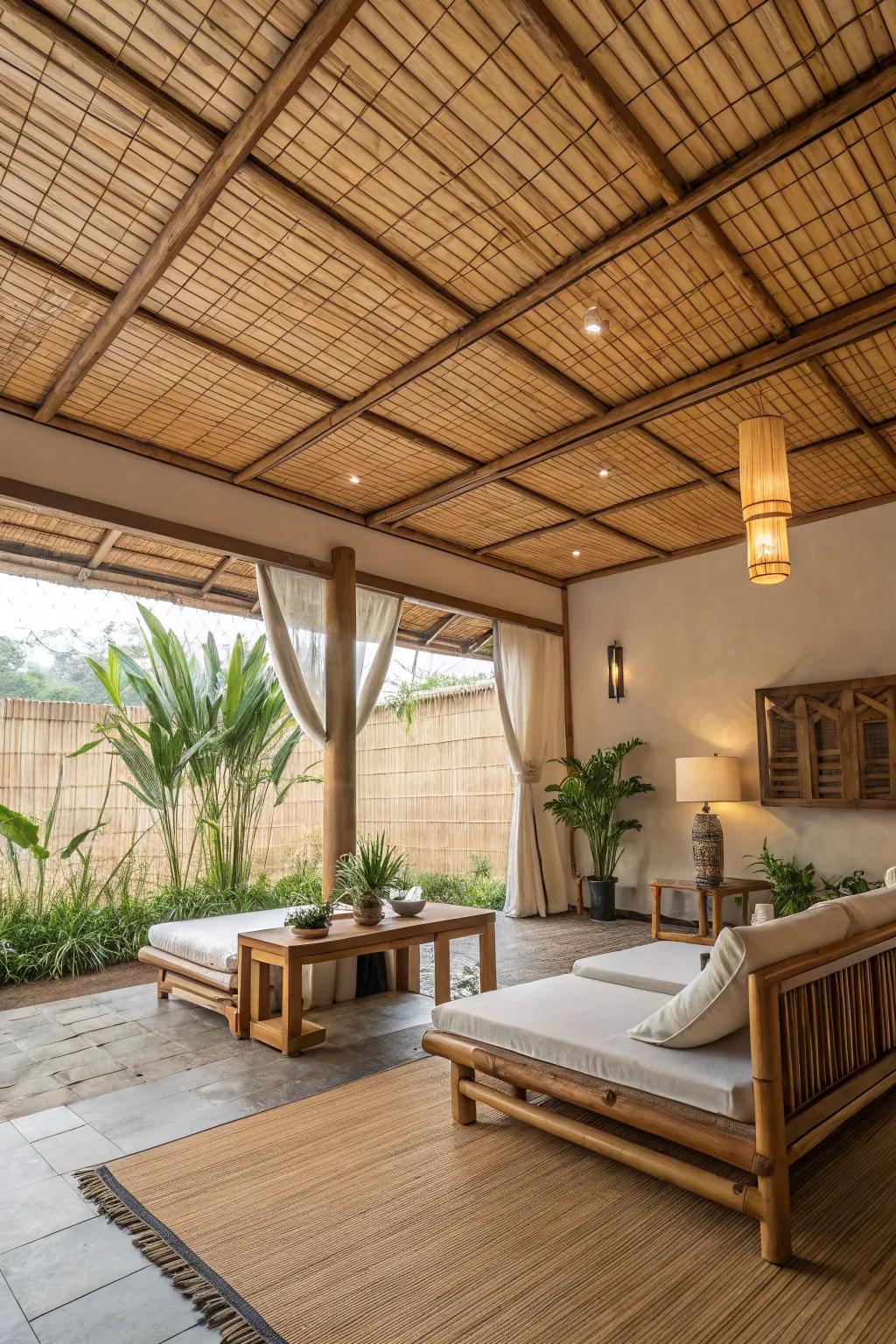 A tranquil room with bamboo ceiling tiles for a natural touch.