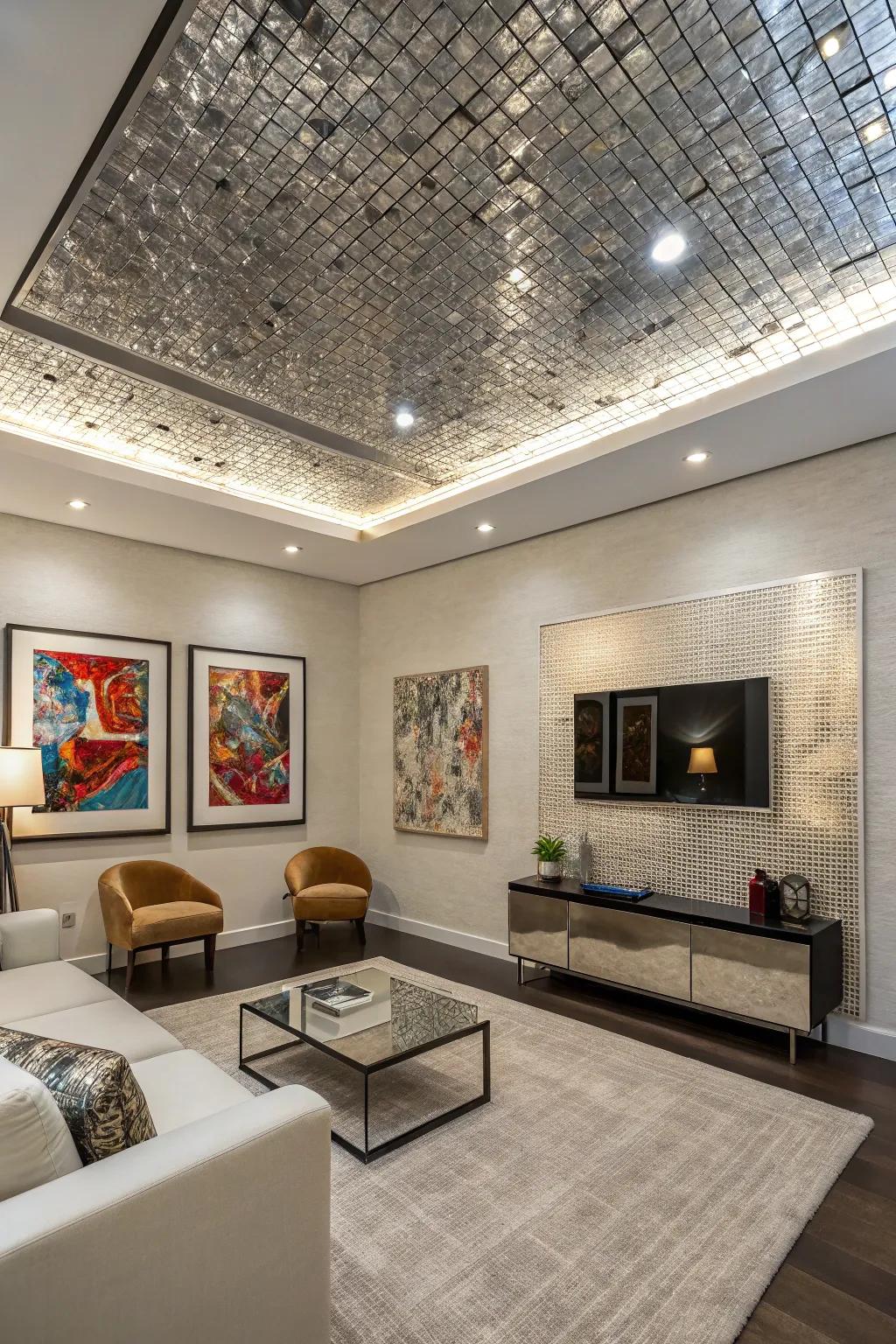 A modern room featuring reflective mosaic ceiling tiles.