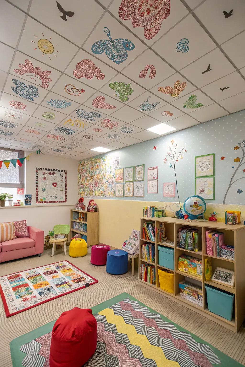 A playful children's room with whimsical patterned ceiling tiles.