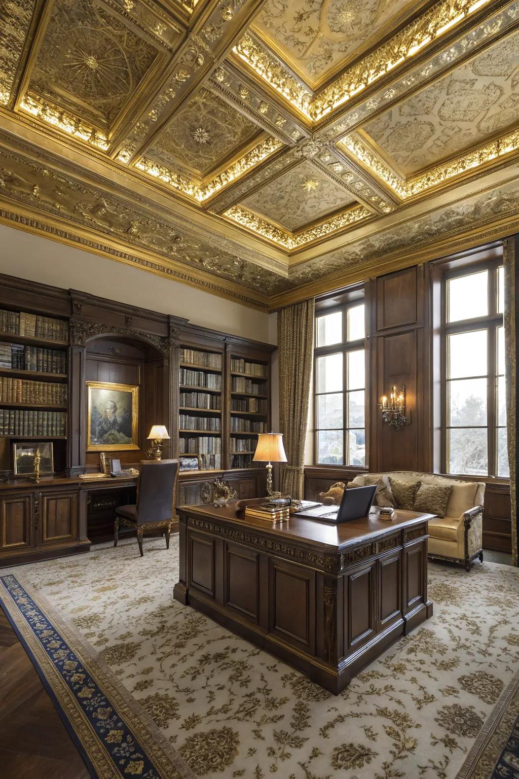 A luxurious study featuring gold-accented ceiling tiles.
