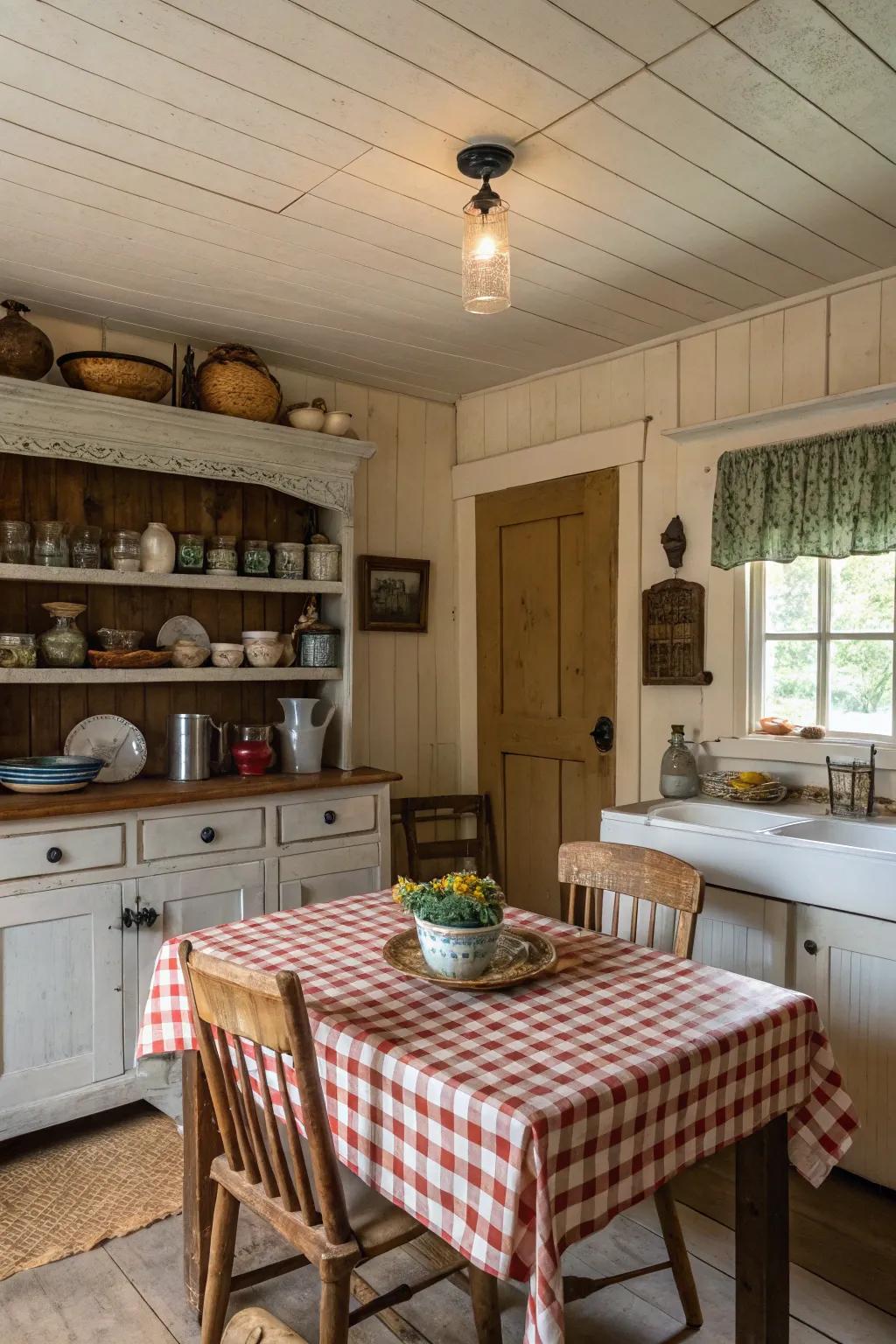 A welcoming kitchen featuring grooved plank panels for a cottage-style ambiance.
