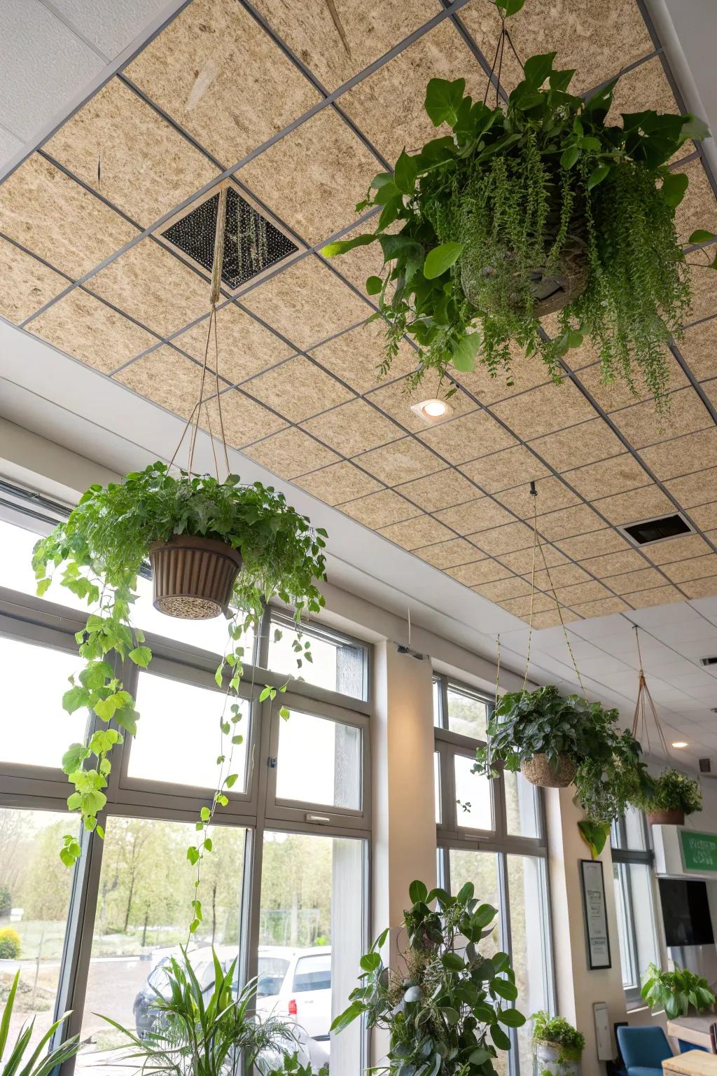 An eco-friendly room featuring recycled material ceiling tiles.