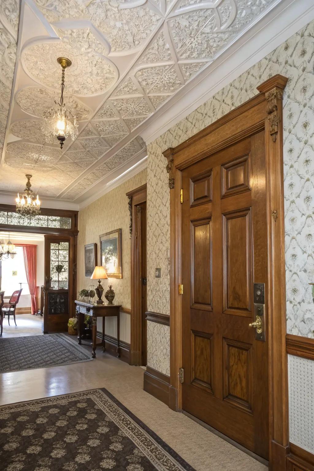 An entryway featuring pressed pattern ceiling tiles for classic charm.