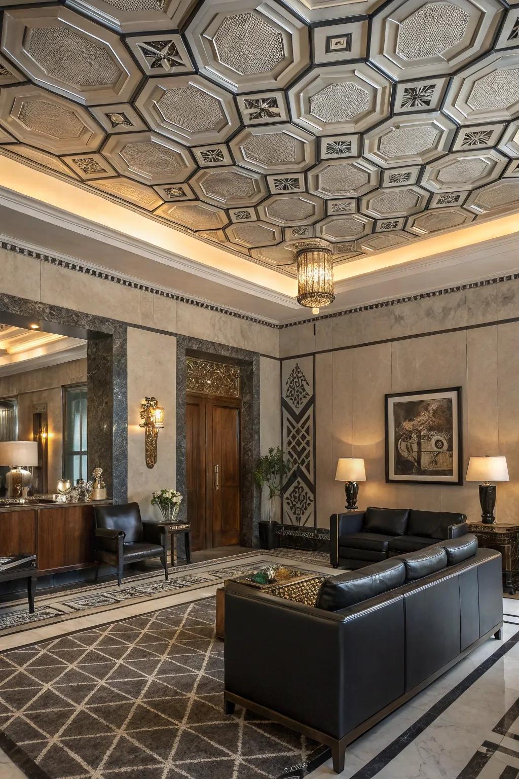 An Art Deco inspired room with geometric ceiling tiles.