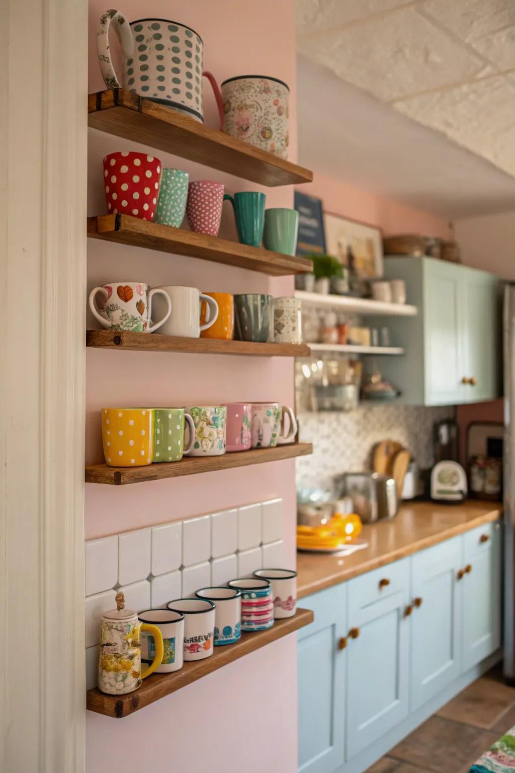Hanging shelves elegantly showcasing coffee essentials.