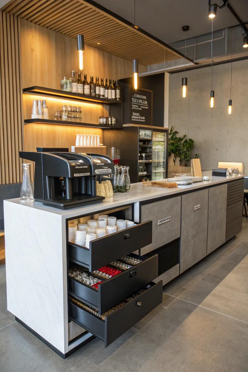 A coffee station featuring clever concealed storage solutions.