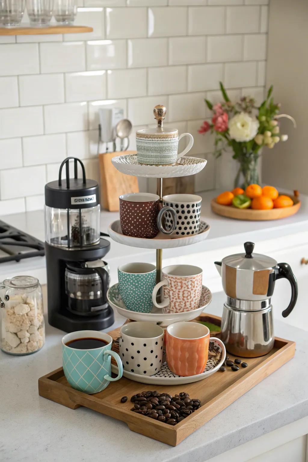 A multilevel stand adds depth and utility to the coffee bar.