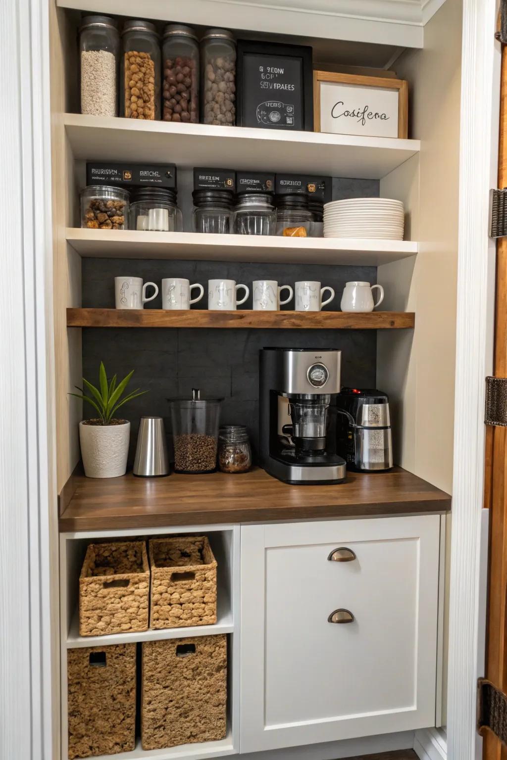 A closet ingeniously transformed into a concealed coffee bar.