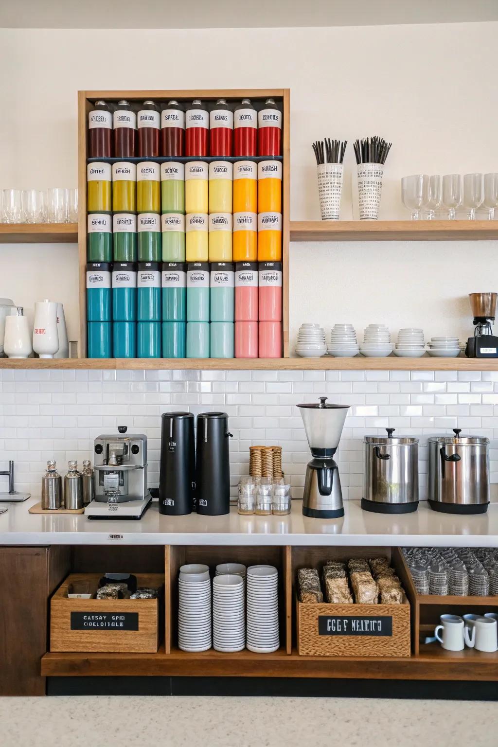 A structured coffee station featuring various coffee provisions.