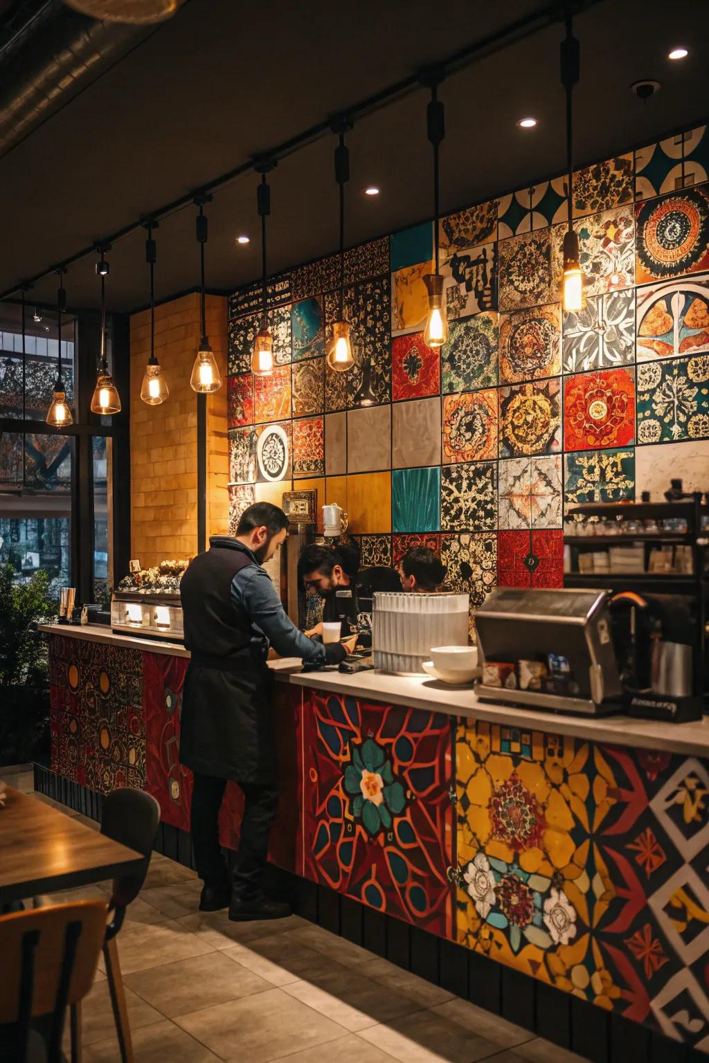 A coffee station featuring a striking bold tile backsplash.
