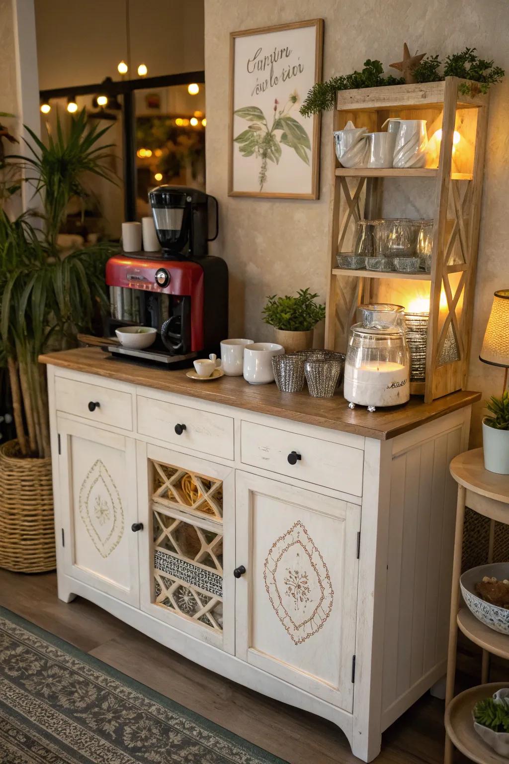 An antique sideboard beautifully repurposed as a coffee station.