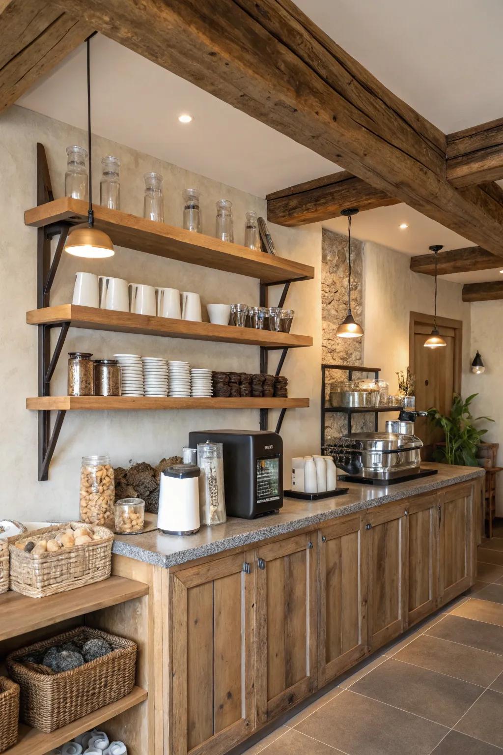 A farmhouse-inspired coffee bar featuring wooden highlights.