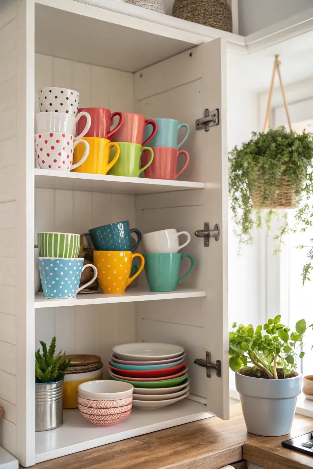 Open shelving displaying a spectrum of vibrant mugs.