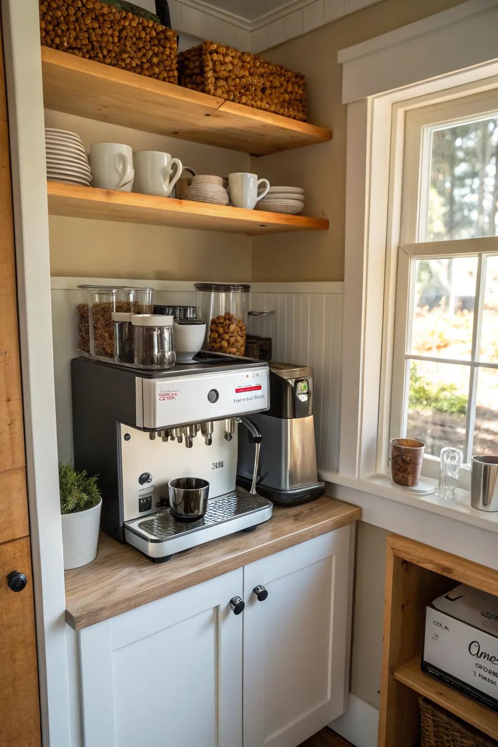 A compact coffee bar imaginatively incorporated into a kitchen recess.