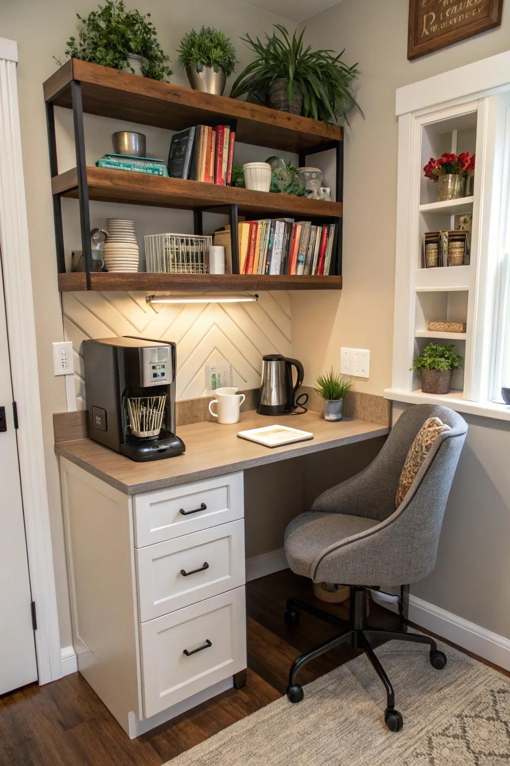 An inviting coffee corner in a home office space.
