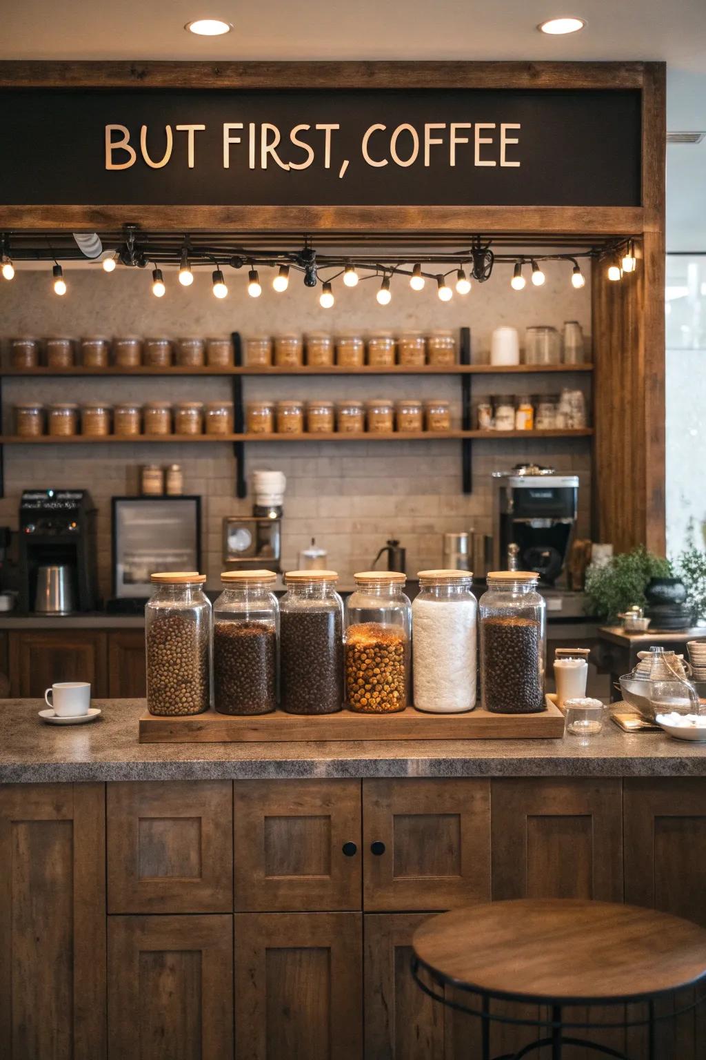 A coffee station showcasing an endearing 'But First, Coffee' sign.