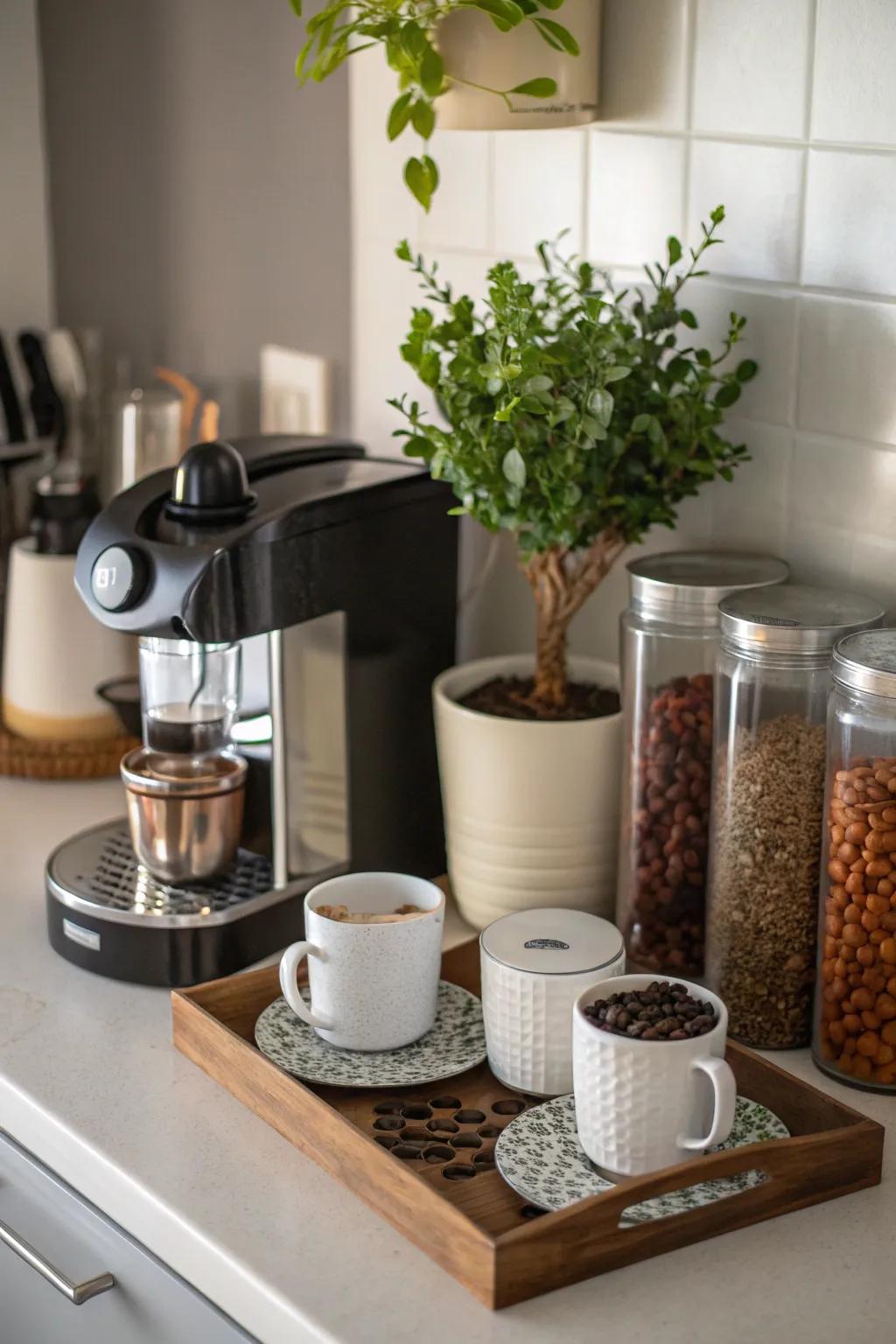 A small coffee station accented with a touch of greenery.