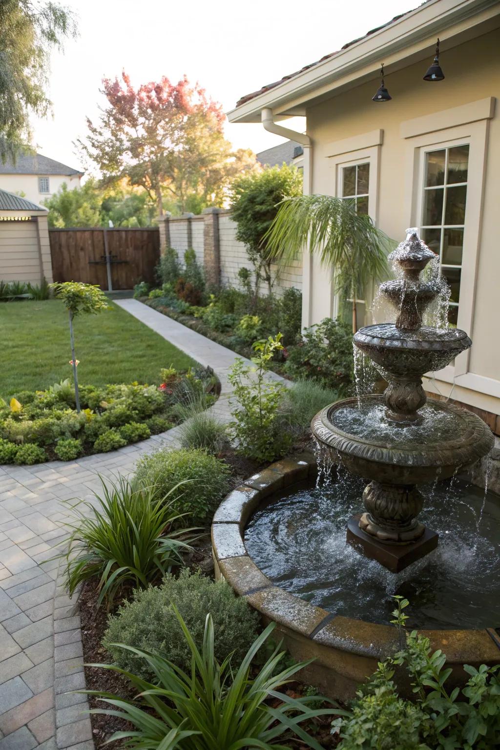 A water feature adds a soothing touch to any backyard