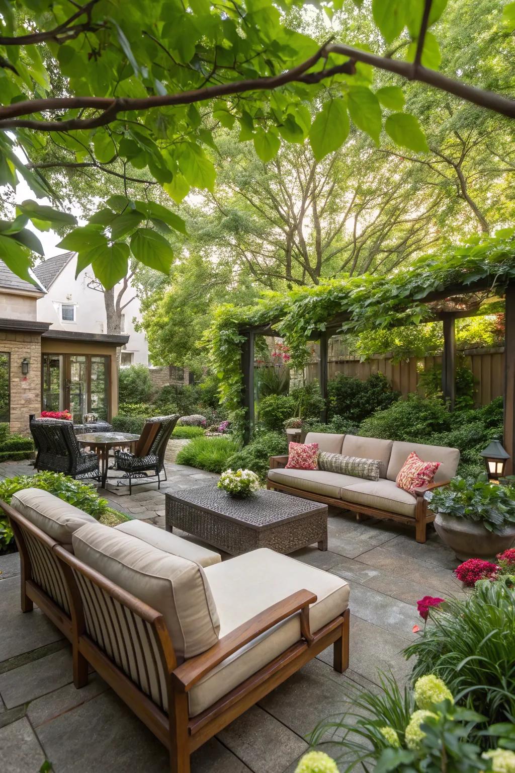 A cozy outdoor seating area provides the perfect spot for relaxation
