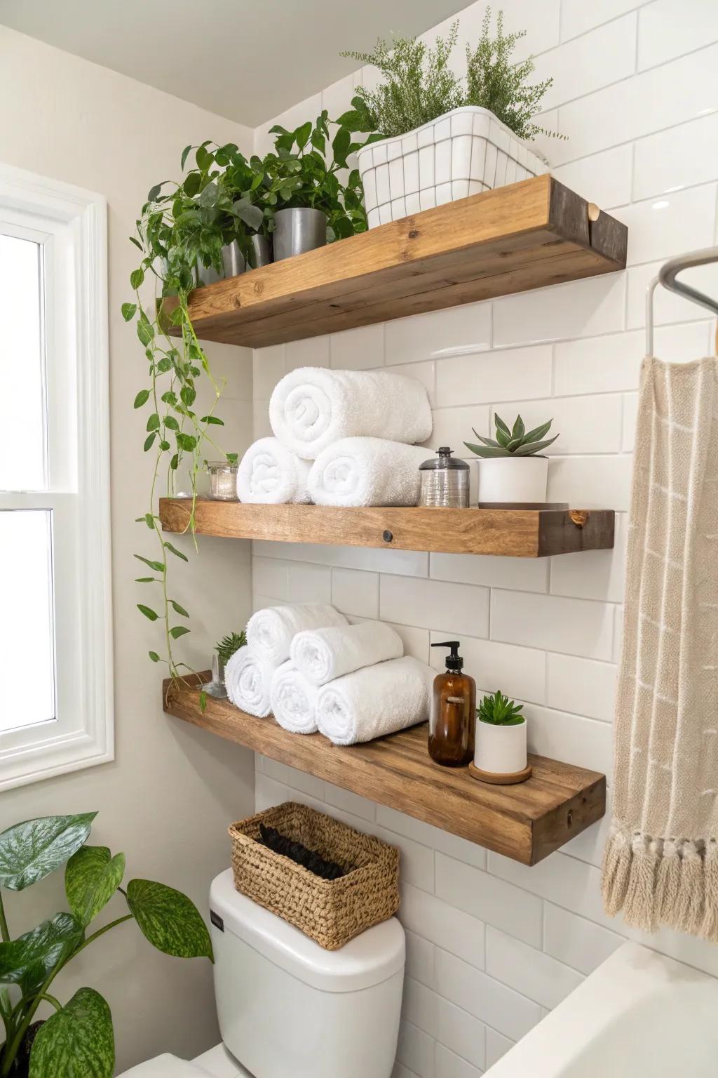 Wooden ledges introduce a hint of the outdoors to your bathroom.