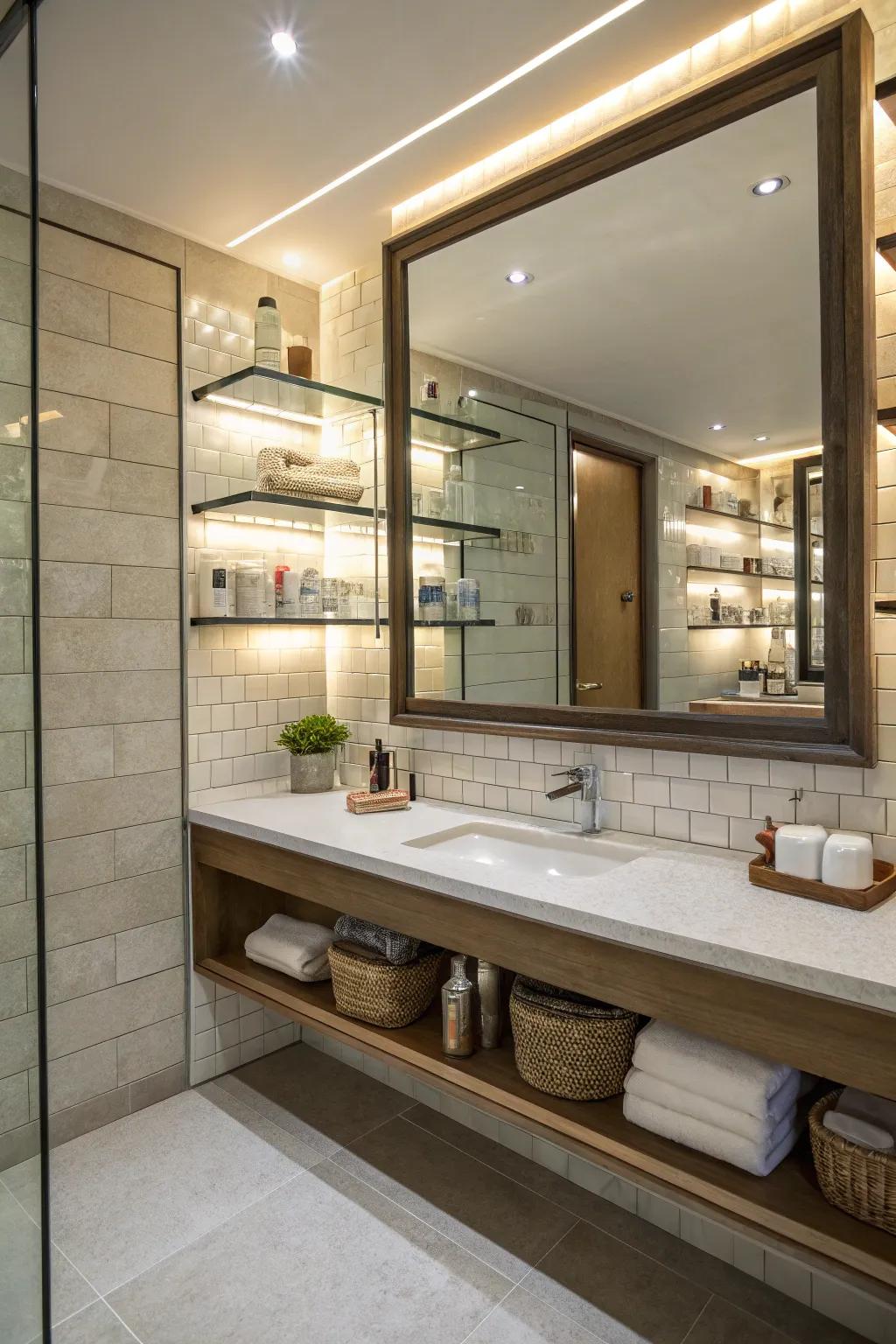 Mirrors enhance the perception of area and radiance in the restroom.