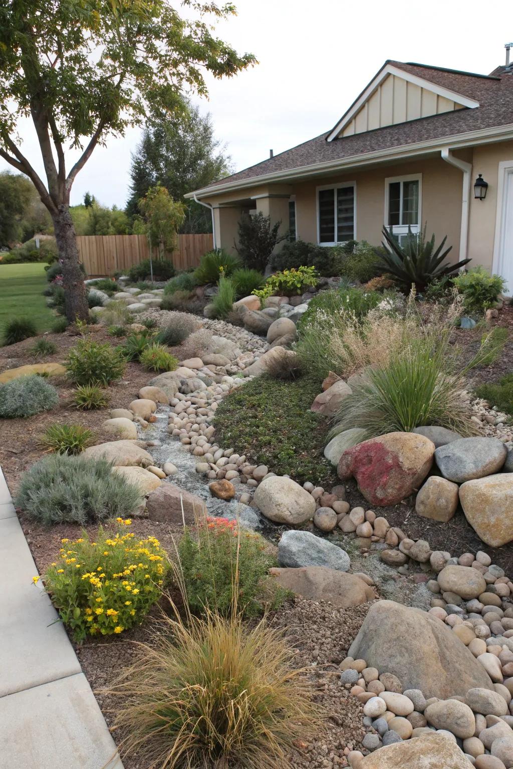 Dry creek beds provide both beauty and practical benefits.
