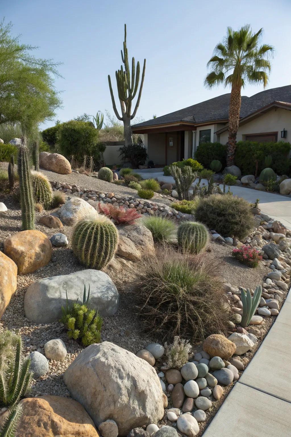 Rock gardens harmonize effortlessly with the desert environment.