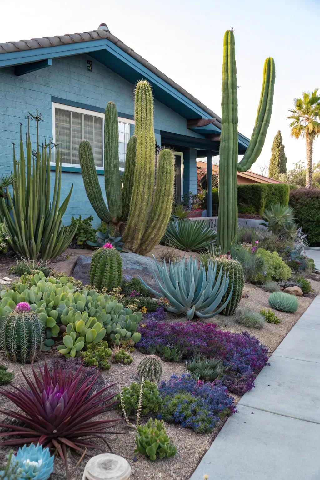 Cacti and succulents offer eye-catching appeal and thrive in dry environments.