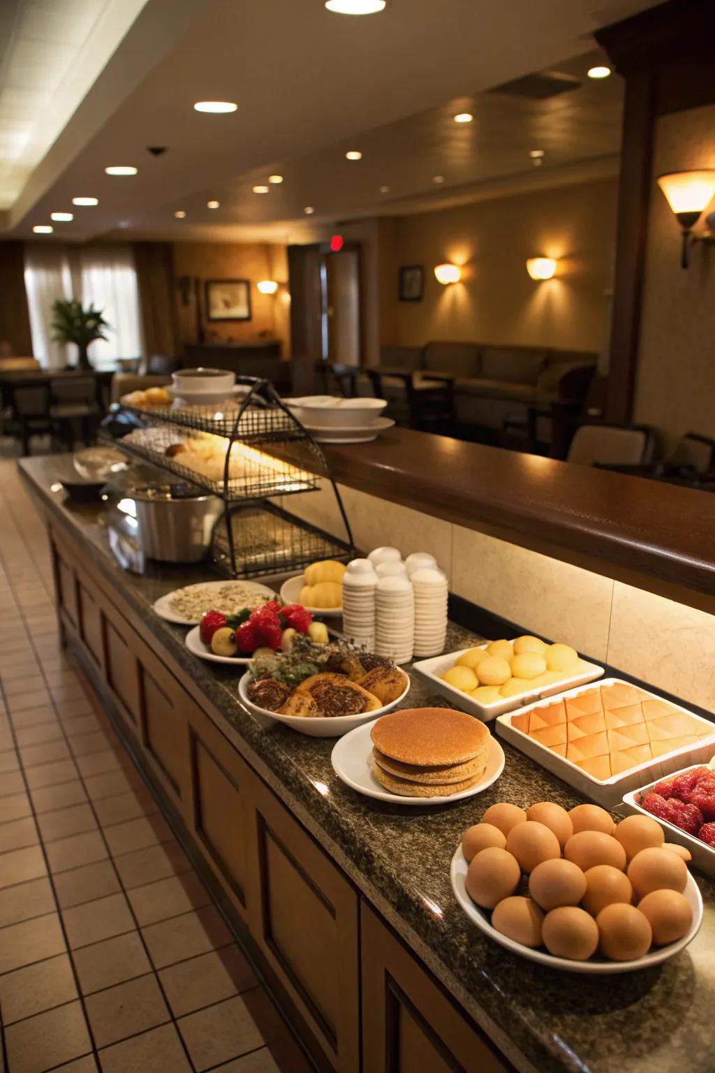 Under-bar lighting adds a warm ambiance to this breakfast bar.